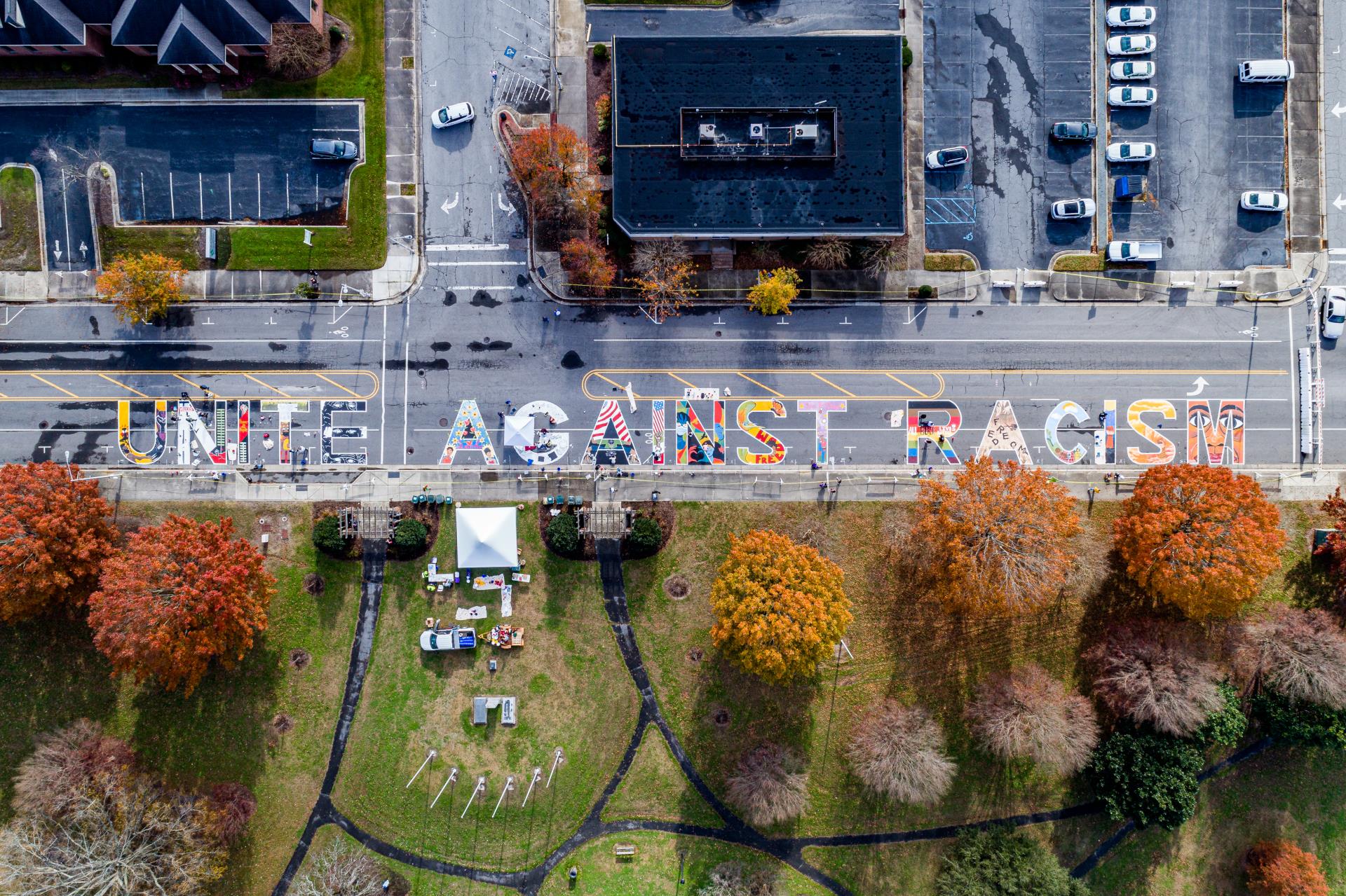 Aerial photo of Unite Against Racism mural