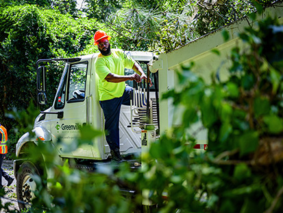 City worker helping with tree removal.