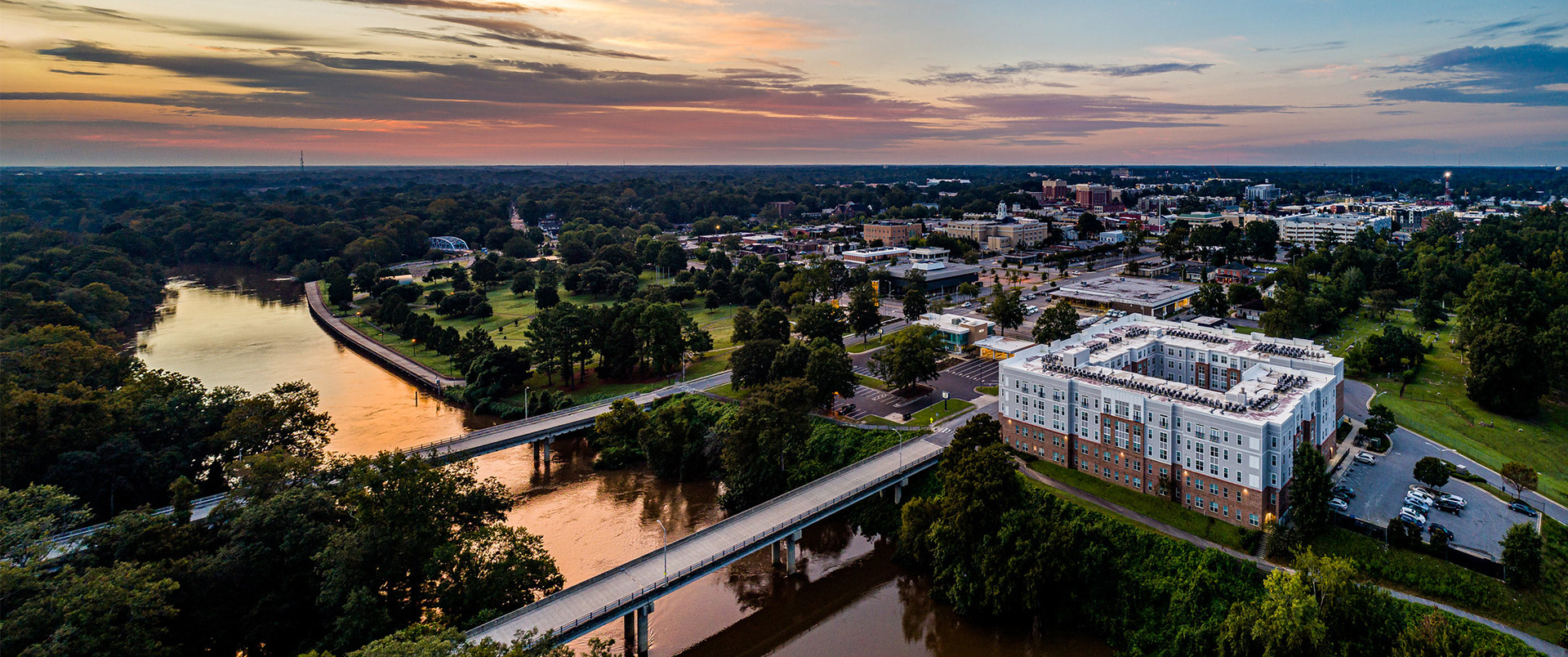 Aerial shot of Uptown from North of Tar River