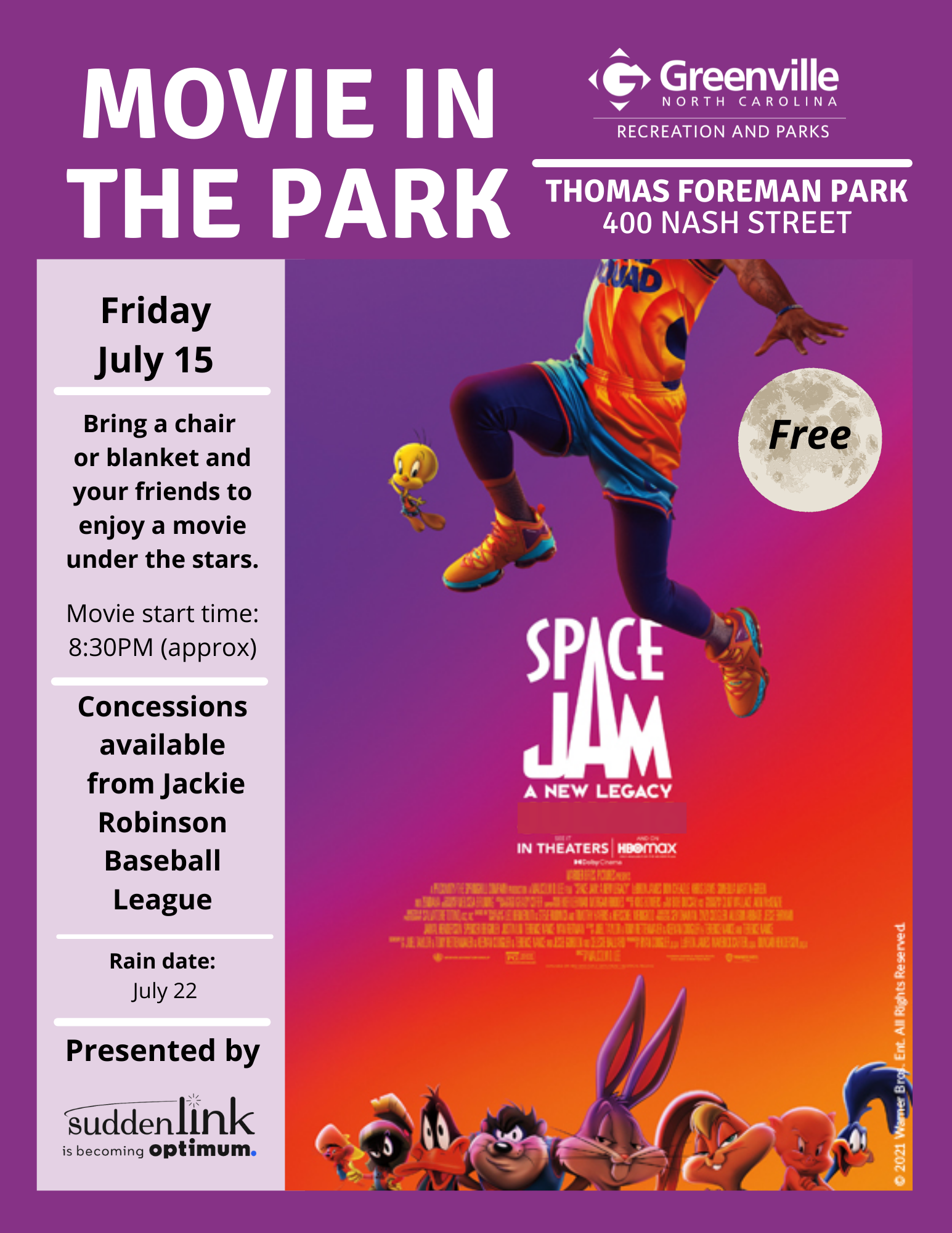 Movie in the Park flyer for Space Jam