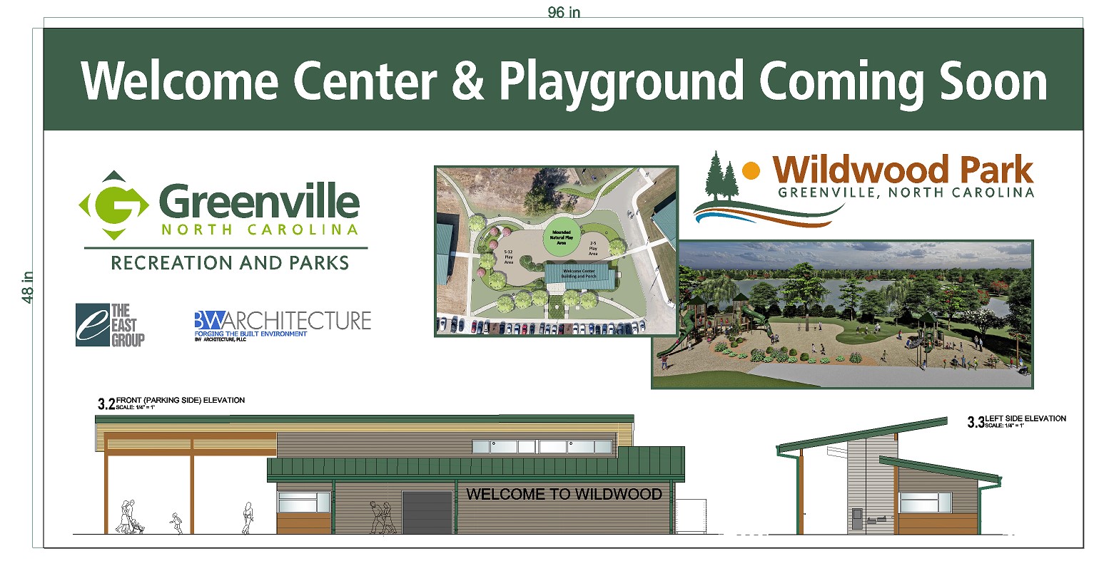 Coming soon sign for welcome center and playground