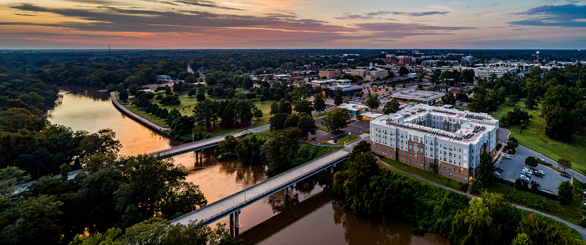Aerial view of Greenville at sunrise