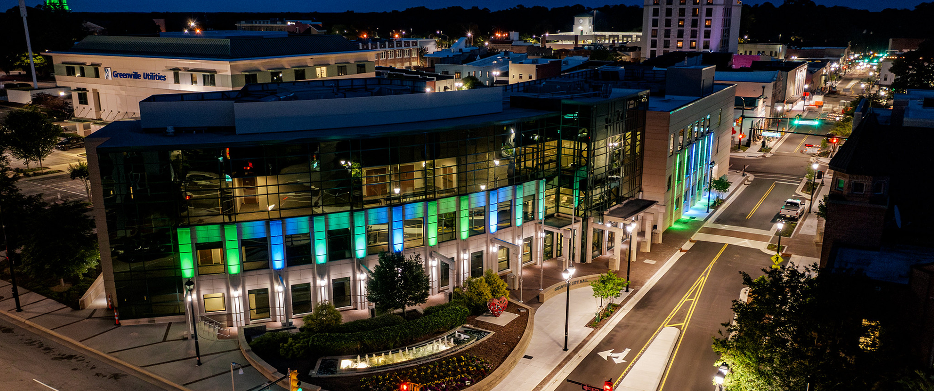 Aerial image of City Hall exterior lighting at night