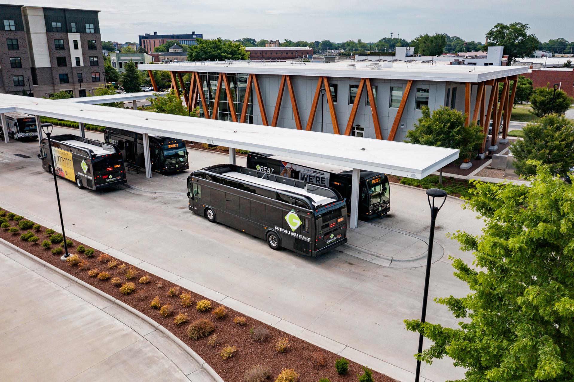 aerial photo of the Butterfield Transportation Center with buses making pick ups
